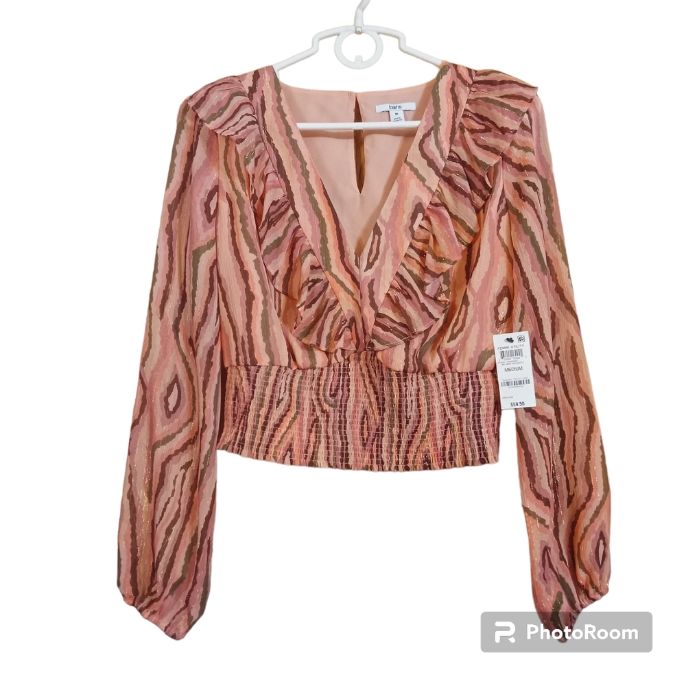 Bar III Pink Multi-Color Ruffled V-Neck Blouse - Picture 2 of 8